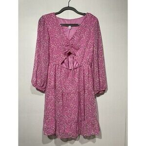 Pink‎ Ditsy Floral Dress Womens Medium Cut out Shirred front Puff Sleeve Cowgirl